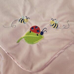 Small Wonders Pink baby blanket Soft satin back Embroidered ladybug bee